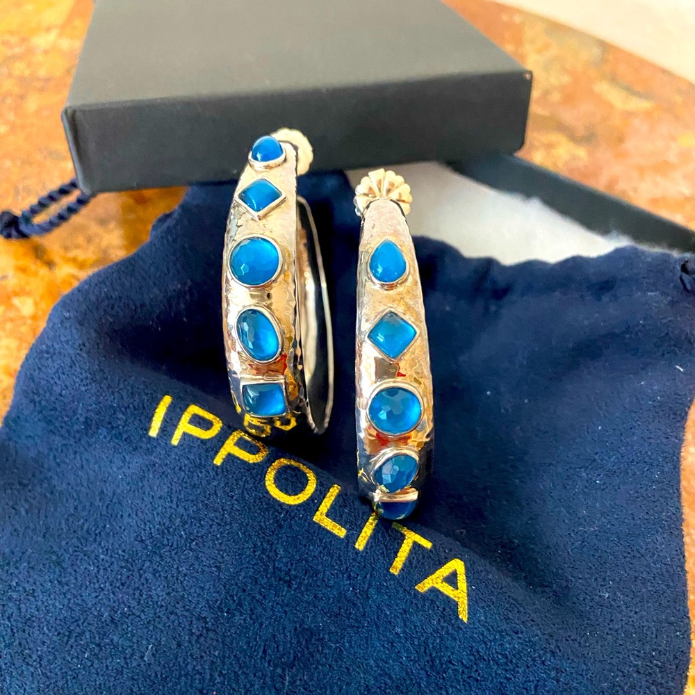 Ippolita Authentic Sterling Silver large hoops blue Topaz🩵